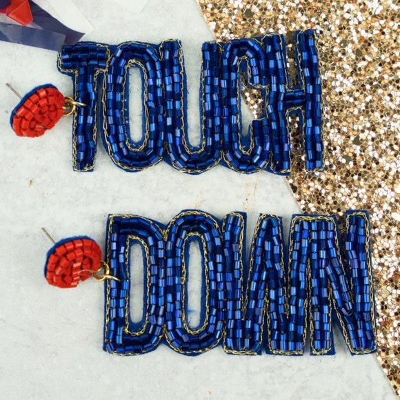 OLE MISS TOUCHDOWN BLUE AND RED SEED BEADED GAMEDAY EARRINGS - Picture 1 of 4